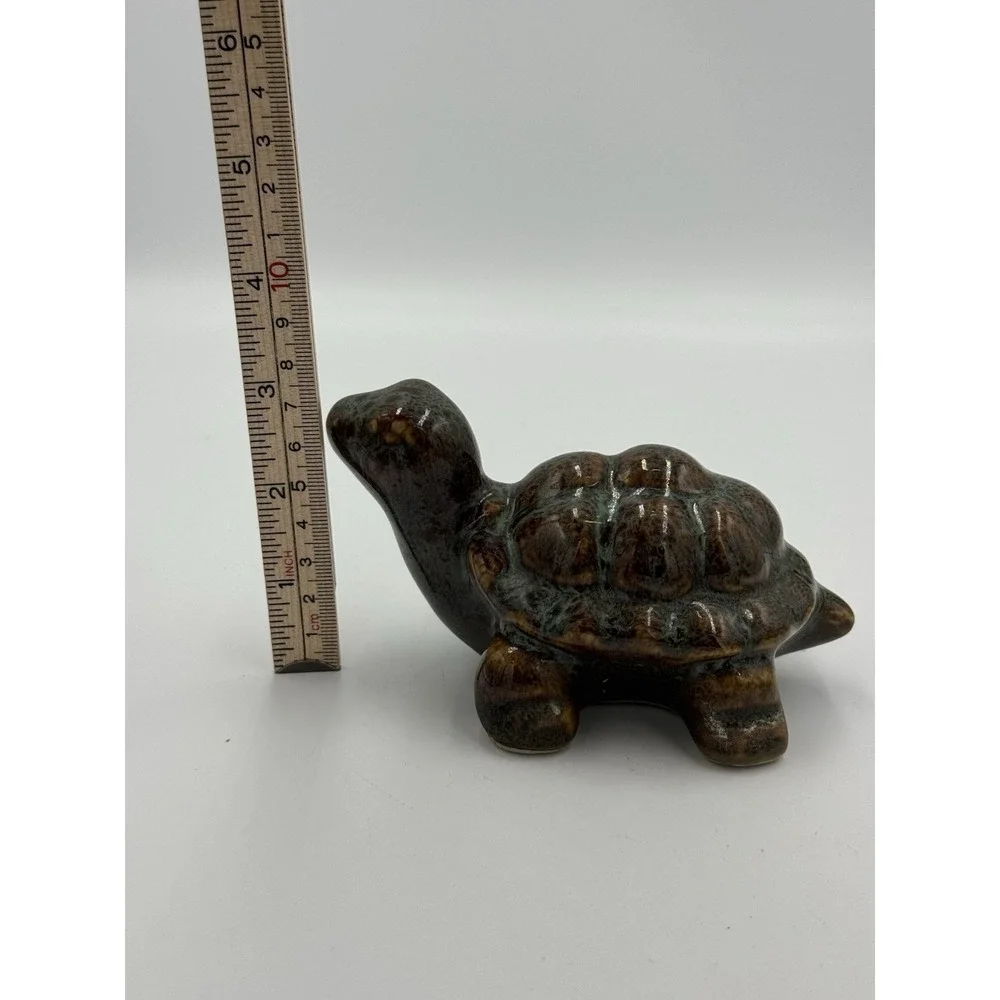 Russ Home Ceramic Tortoise Turtle Figurine Brown Drip Glaze 5.5